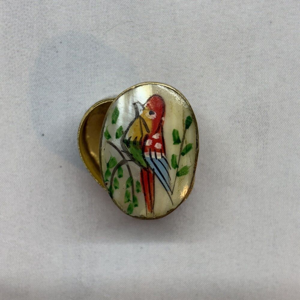 Antique Brass Mini Pill Box Brass Hand Painted Mother Of Pearl 1”